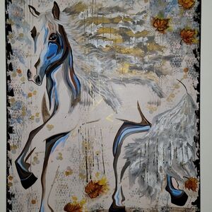 Majestic Horse Art Painting with Blue and Gold Accents